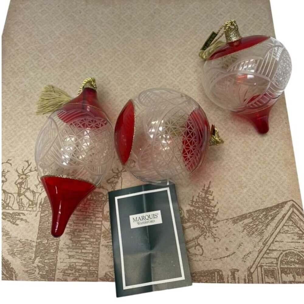 Marquis by Waterford Ruby Holiday Ornaments Set of 3 Cut Crystal Red Clear Glass - Picture 4 of 8